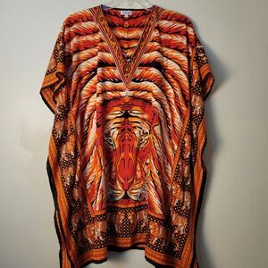 Jovie Tiger Print Kaftan One Size Midi Orange Red Animal Face V-Neck Resortwear